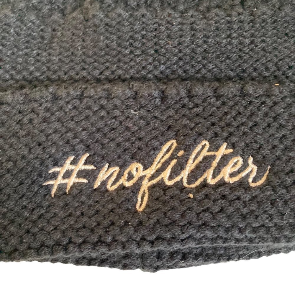 No Filter Hat Black Knit Beanie Faux Fur Pom Pom Fleece Lined New With Tag - Picture 2 of 5